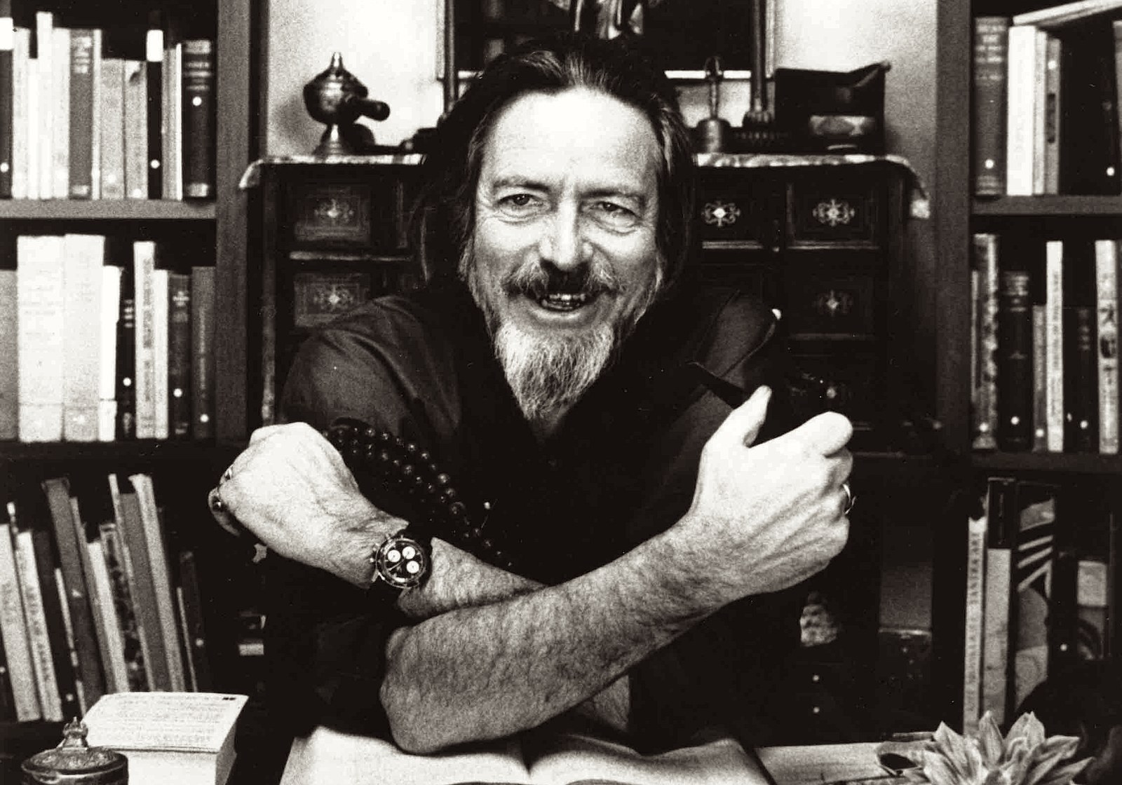 Alan Watts at his desk, Mill Valley Library, 1973